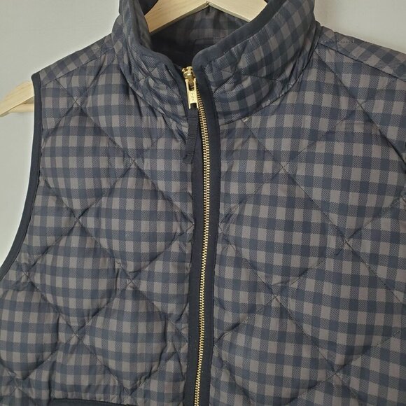 J. Crew Quilted Puffer Vest Women M Gray Brown Gingham Check Down‎ Fill Full zip - Picture 10 of 11